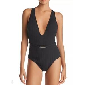 La Blanca Swimsuit Womens 4 Get To The Point Belted Plunge One Piece Black NEW‎